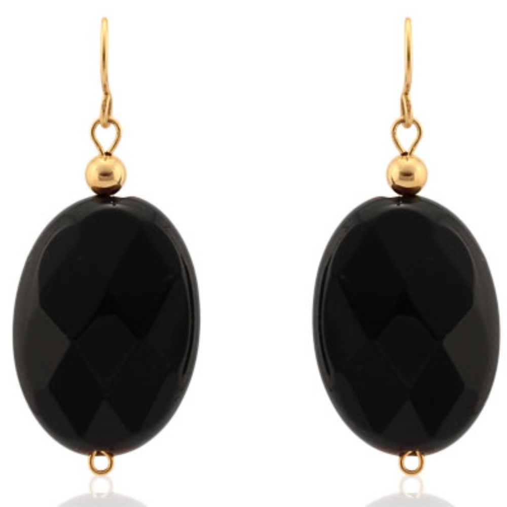 Earrings Black Onyx 14KT Gold Fancy Cut Oval Dangling